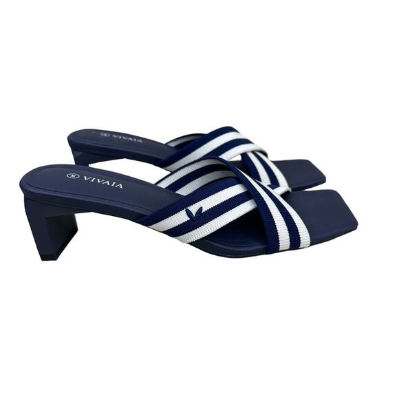 VIVAIA Womens Sz 39 Jennifer Square-Toe Block Heel Criss-Cross Navy White Sandal - Picture 2 of 14